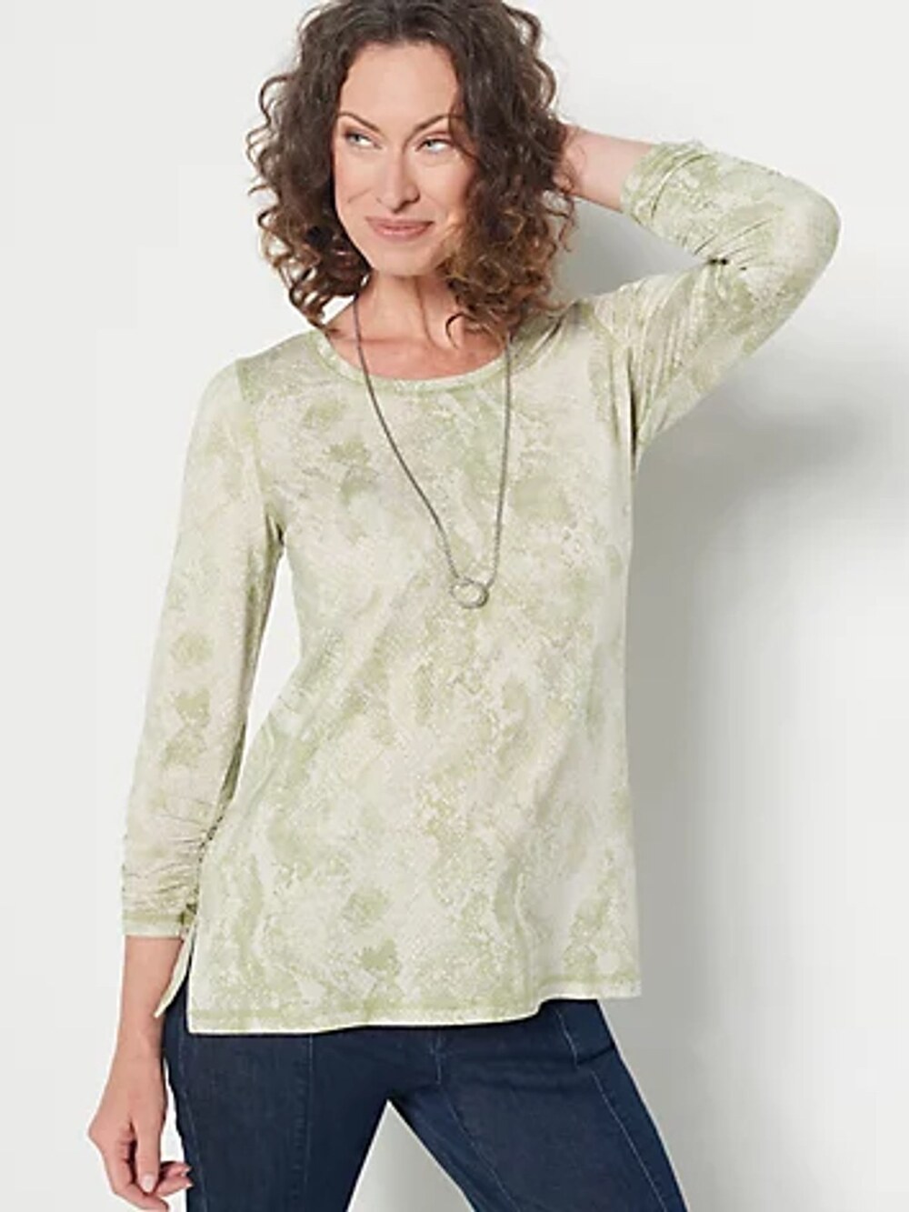 Susan Graver Weekend Printed Halo Knit Ruched 3/4 Sleeve Moss Women's Small